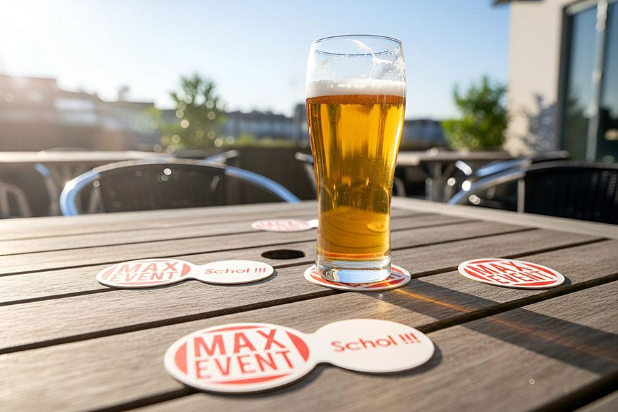 bierviltjes in ronde en dubbel-ronde vorm op een zonnig terrasje